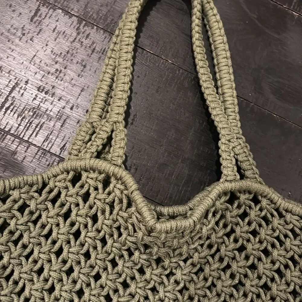 Army Green Open Knit Rope Beach Bag Boho Cottagecore Tote Bag​​​​